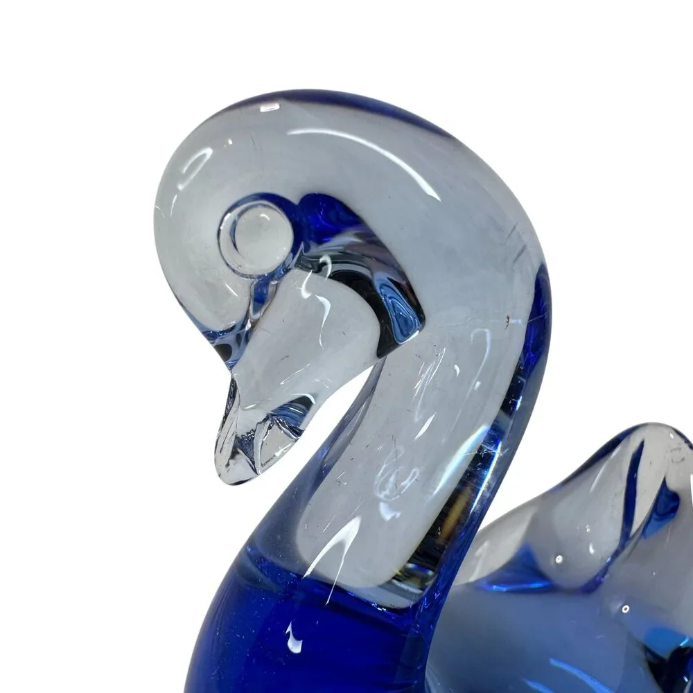 Swan Figurine Paperweight Hand Blown Art Glass Vintage Cobalt Blue 3 X 3.5 Decor
